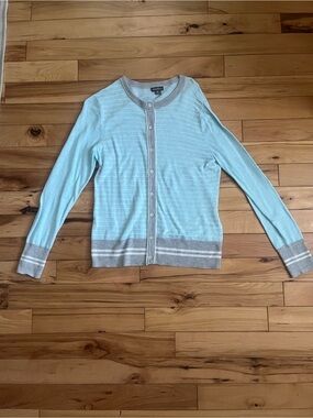 Eddie Bauer Cotton Blend Light Blue Cardigan with Gray Trim
